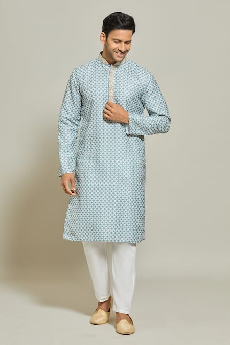 Arihant Rai Sinha Blue Kurta  Aligadhi Pant Art Silk Print Persian Jaal Set 