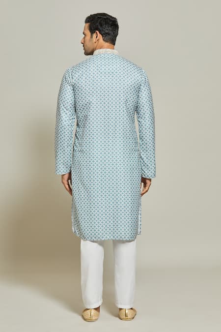 Shop Arihant Rai Sinha Blue Cotton Embroidery Persian Jaal Print Kurta at Aza Fashions Shop_Arihant Rai Sinha_Blue Cotton Embroidery Persian Jaal Print Kurta _at_Aza_Fashions