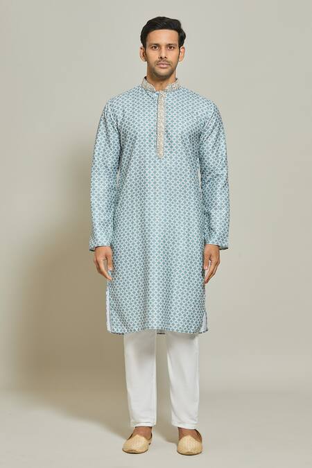 Arihant Rai Sinha Blue Cotton Embroidery Persian Jaal Print Kurta Online at Aza Fashions Arihant Rai Sinha_Blue Cotton Embroidery Persian Jaal Print Kurta _Online_at_Aza_Fashions