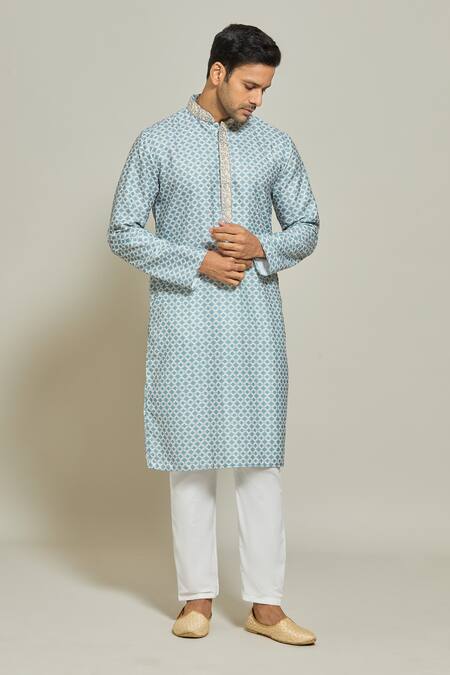 Buy Arihant Rai Sinha Blue Cotton Embroidery Persian Jaal Print Kurta Online at Aza Fashions Buy_Arihant Rai Sinha_Blue Cotton Embroidery Persian Jaal Print Kurta _Online_at_Aza_Fashions