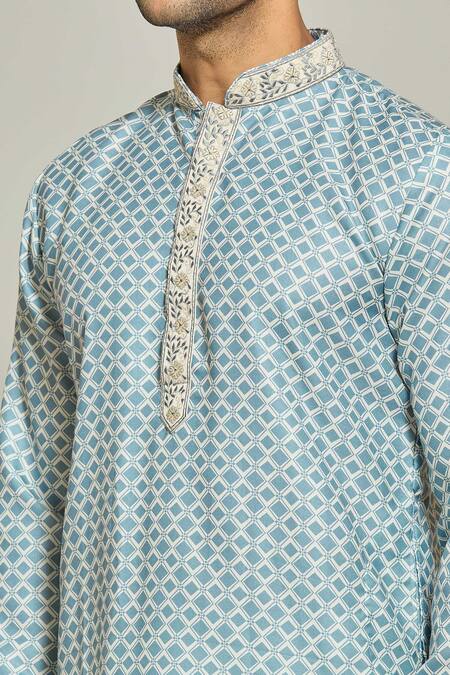 Shop Arihant Rai Sinha Blue Cotton Embroidery Persian Jaal Print Kurta Online at Aza Fashions Shop_Arihant Rai Sinha_Blue Cotton Embroidery Persian Jaal Print Kurta _Online_at_Aza_Fashions