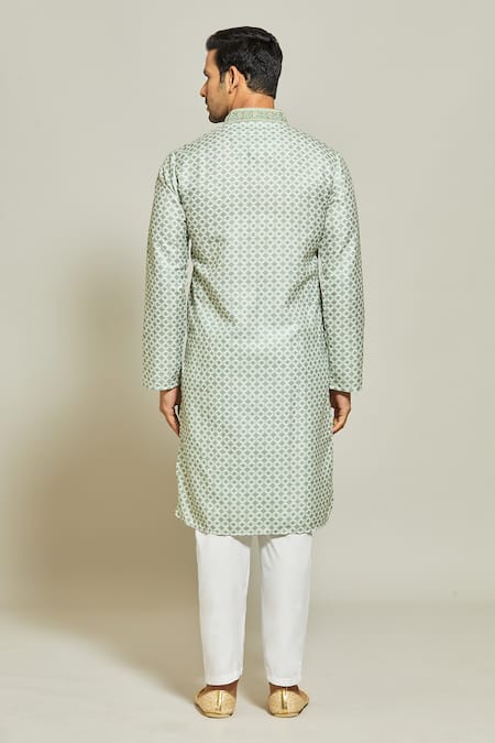 Shop Arihant Rai Sinha Green Cotton Embroidery Mughal Jaal Print Kurta at Aza Fashions Shop_Arihant Rai Sinha_Green Cotton Embroidery Mughal Jaal Print Kurta _at_Aza_Fashions
