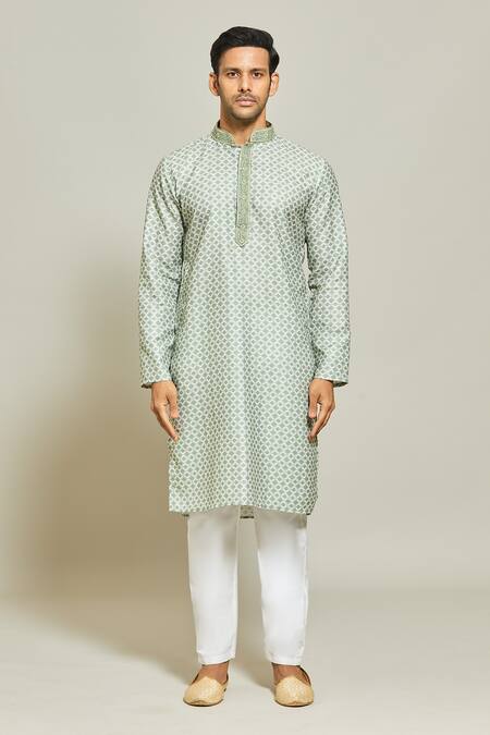 Arihant Rai Sinha Green Cotton Embroidery Mughal Jaal Print Kurta Online at Aza Fashions Arihant Rai Sinha_Green Cotton Embroidery Mughal Jaal Print Kurta _Online_at_Aza_Fashions