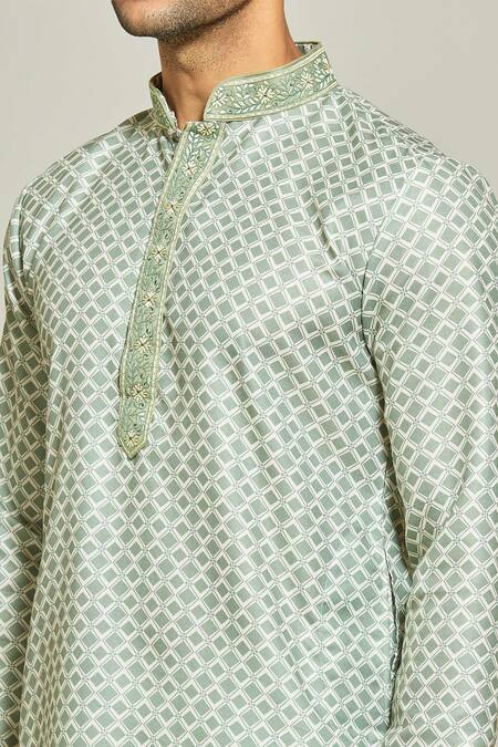 Shop Arihant Rai Sinha Green Cotton Embroidery Mughal Jaal Print Kurta Online at Aza Fashions Shop_Arihant Rai Sinha_Green Cotton Embroidery Mughal Jaal Print Kurta _Online_at_Aza_Fashions