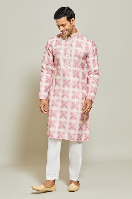 Shop_Arihant Rai Sinha_Pink Cotton, Silk Embroidery Helix Maze Print Kurta Set _Online_at_Aza_Fashions