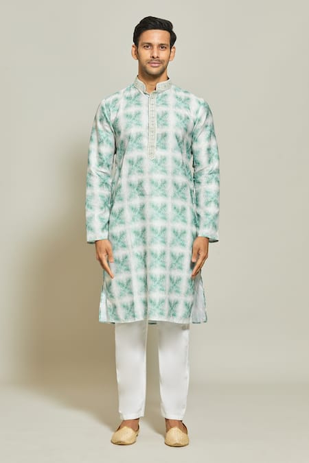 Buy_Arihant Rai Sinha_Green , Satin Embroidery Abstract Helix Maze Print Kurta Set _Online_at_Aza_Fashions
