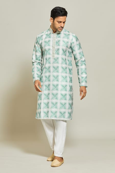Shop_Arihant Rai Sinha_Green , Satin Embroidery Abstract Helix Maze Print Kurta Set _Online_at_Aza_Fashions