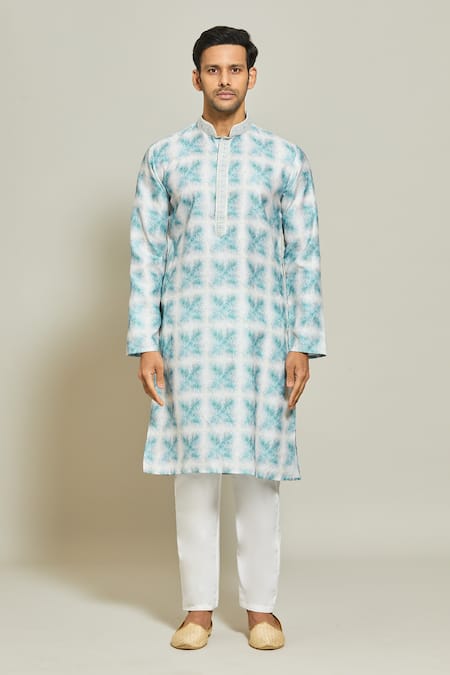 Buy_Arihant Rai Sinha_Blue Cotton, Silk Embroidery Synodic Helix Maze Print Kurta Set _Online_at_Aza_Fashions