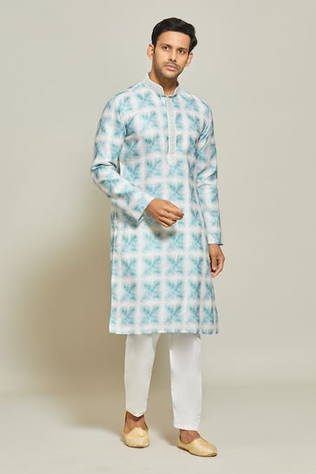 Shop_Arihant Rai Sinha_Blue Cotton, Silk Embroidery Synodic Helix Maze Print Kurta Set _Online_at_Aza_Fashions