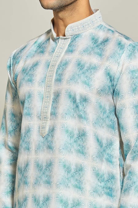 Arihant Rai Sinha_Blue Cotton, Silk Embroidery Synodic Helix Maze Print Kurta Set _at_Aza_Fashions