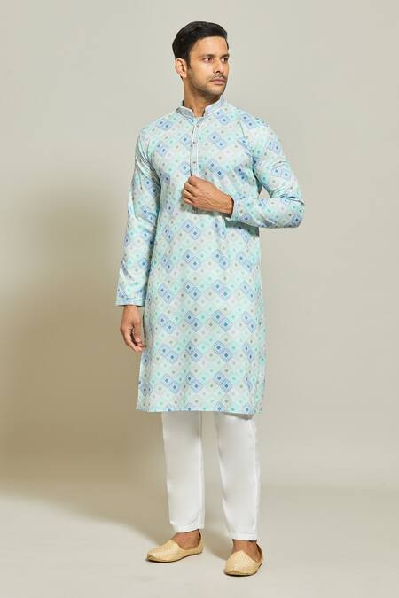 Shop_Arihant Rai Sinha_Green Cotton, Silk Embroidery Ripple Quad Jaal Print Kurta Set _Online_at_Aza_Fashions