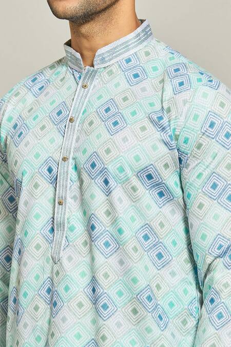 Arihant Rai Sinha_Green Cotton, Silk Embroidery Ripple Quad Jaal Print Kurta Set _at_Aza_Fashions