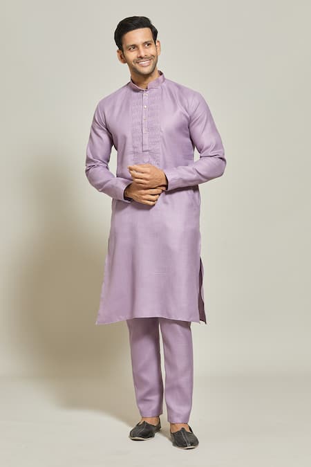 Buy_Arihant Rai Sinha_Purple Linen, Cotton Pintux Yoke Kurta _Online_at_Aza_Fashions