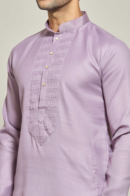 Shop_Arihant Rai Sinha_Purple Linen, Cotton Pintux Yoke Kurta _Online_at_Aza_Fashions