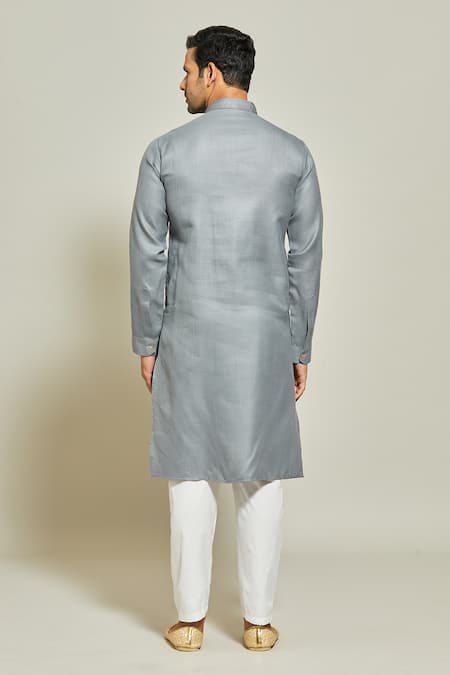 Shop_Arihant Rai Sinha_Grey Linen, Cotton Pintux Yoke Plain Kurta _at_Aza_Fashions