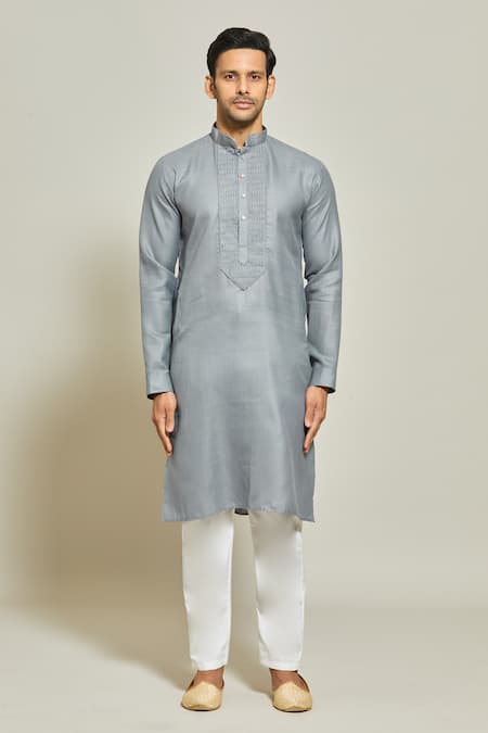 Arihant Rai Sinha_Grey Linen, Cotton Pintux Yoke Plain Kurta _Online_at_Aza_Fashions