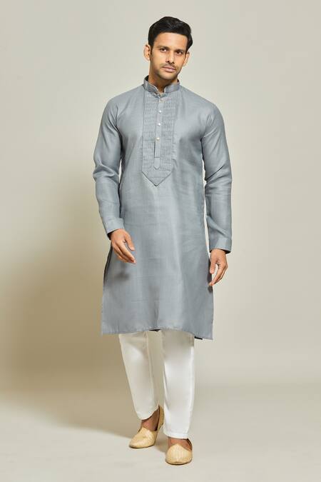 Buy_Arihant Rai Sinha_Grey Linen, Cotton Pintux Yoke Plain Kurta _Online_at_Aza_Fashions