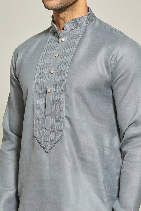 Shop_Arihant Rai Sinha_Grey Linen, Cotton Pintux Yoke Plain Kurta _Online_at_Aza_Fashions
