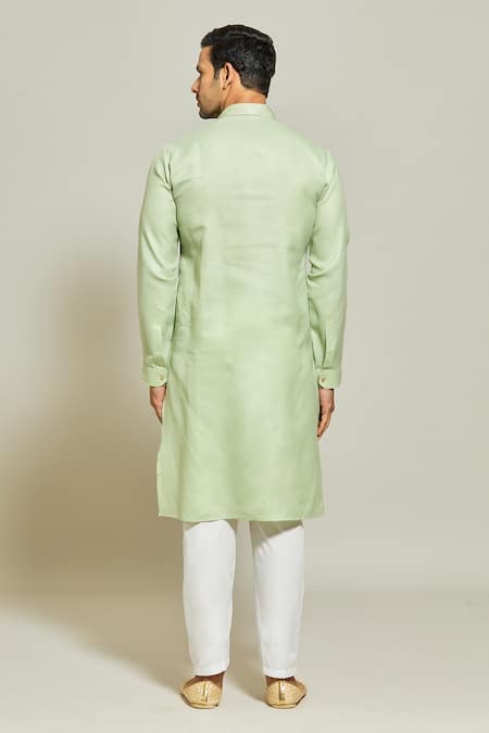 Shop_Arihant Rai Sinha_Green Linen, Cotton Pintux Yoke Solid Kurta _at_Aza_Fashions