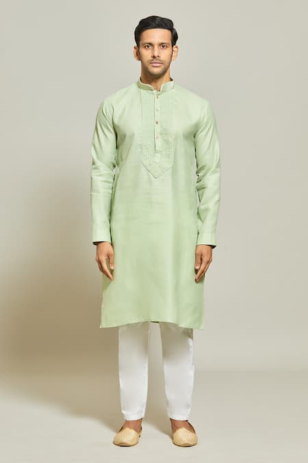 Arihant Rai Sinha_Green Linen, Cotton Pintux Yoke Solid Kurta _Online_at_Aza_Fashions