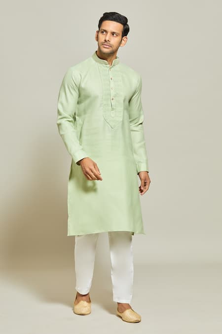 Buy_Arihant Rai Sinha_Green Linen, Cotton Pintux Yoke Solid Kurta _Online_at_Aza_Fashions