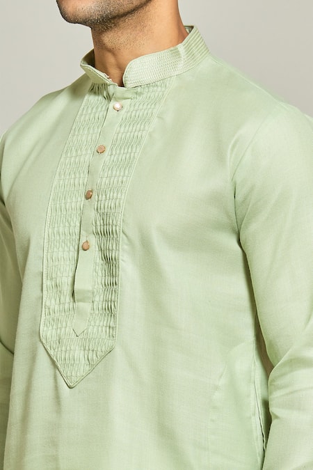 Shop_Arihant Rai Sinha_Green Linen, Cotton Pintux Yoke Solid Kurta _Online_at_Aza_Fashions