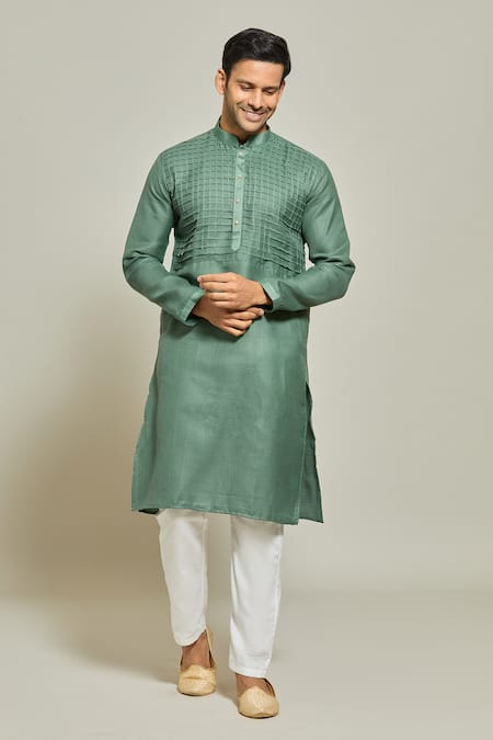 Arihant Rai Sinha Green Kurta Premium Linen  Pant Art Silk Solid Pintux Yoke Set