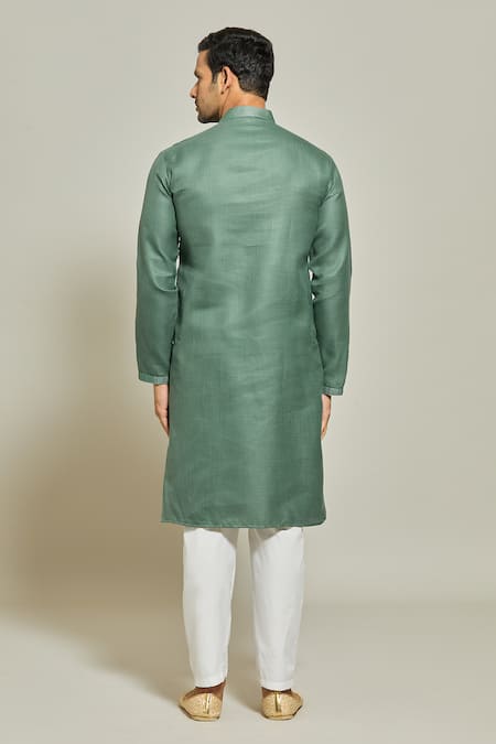 Arihant Rai Sinha_Green Linen, Cotton Pintux Yoke Kurta Set _Online_at_Aza_Fashions