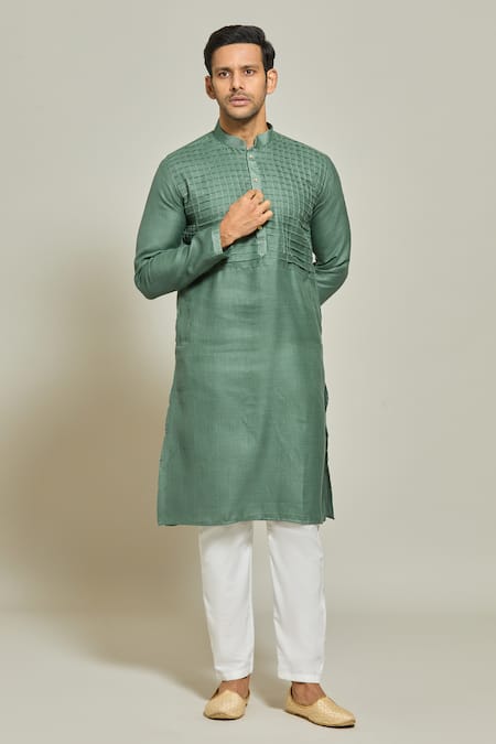 Shop_Arihant Rai Sinha_Green Linen, Cotton Pintux Yoke Kurta Set _Online_at_Aza_Fashions