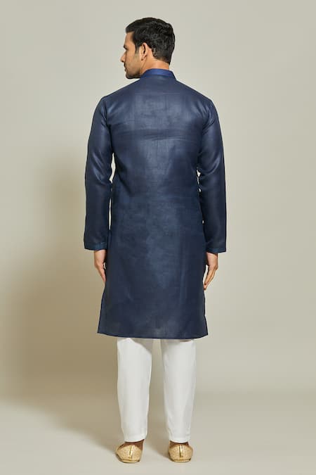 Shop_Arihant Rai Sinha_Blue Linen, Cotton Pintux Stripe Yoke Kurta _at_Aza_Fashions