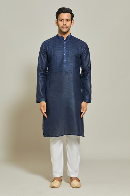 Arihant Rai Sinha_Blue Linen, Cotton Pintux Stripe Yoke Kurta _Online_at_Aza_Fashions