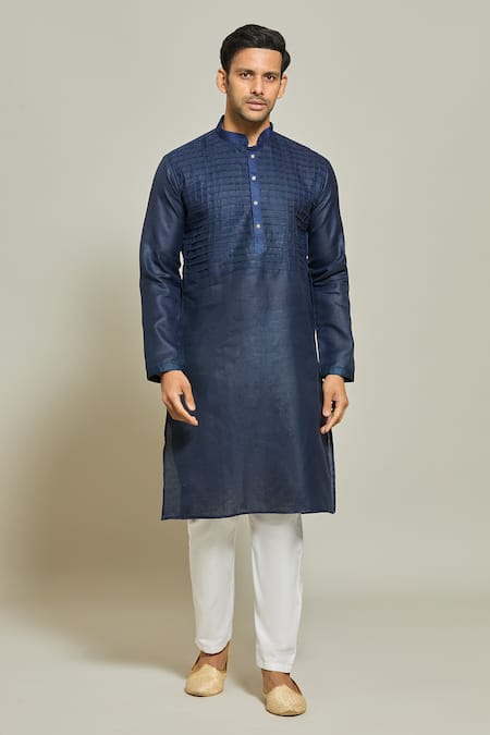 Buy_Arihant Rai Sinha_Blue Linen, Cotton Pintux Stripe Yoke Kurta _Online_at_Aza_Fashions