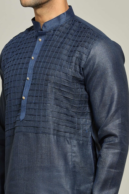 Shop_Arihant Rai Sinha_Blue Linen, Cotton Pintux Stripe Yoke Kurta _Online_at_Aza_Fashions