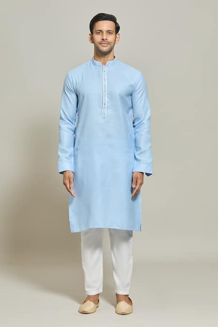 Arihant Rai Sinha_Blue Linen, Cotton Solid Straight Kurta _Online_at_Aza_Fashions