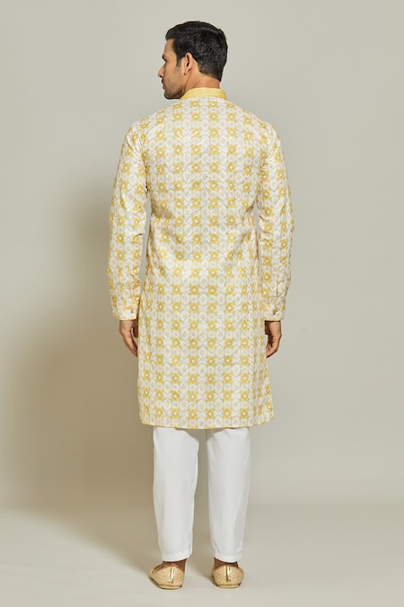 Shop Arihant Rai Sinha Yellow Cotton, Silk Sequins, Embroidery Blossom Print Embellished Kurta Set at Aza Fashions Shop_Arihant Rai Sinha_Yellow Cotton, Silk Sequins, Embroidery Blossom Print Embellished Kurta Set _at_Aza_Fashions