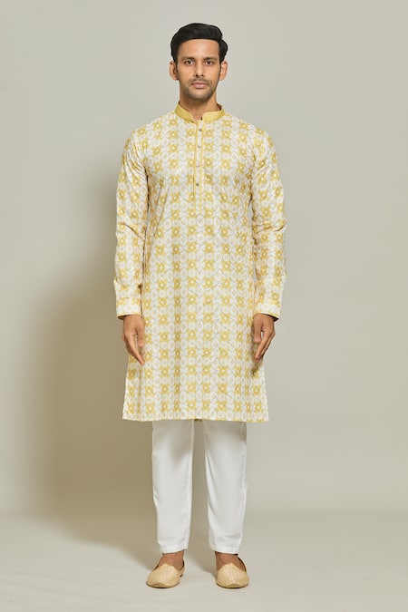 Arihant Rai Sinha Yellow Cotton, Silk Sequins, Embroidery Blossom Print Embellished Kurta Set Online at Aza Fashions Arihant Rai Sinha_Yellow Cotton, Silk Sequins, Embroidery Blossom Print Embellished Kurta Set _Online_at_Aza_Fashions