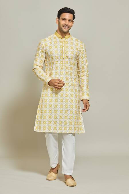 Buy Arihant Rai Sinha Yellow Cotton, Silk Sequins, Embroidery Blossom Print Embellished Kurta Set Online at Aza Fashions Buy_Arihant Rai Sinha_Yellow Cotton, Silk Sequins, Embroidery Blossom Print Embellished Kurta Set _Online_at_Aza_Fashions
