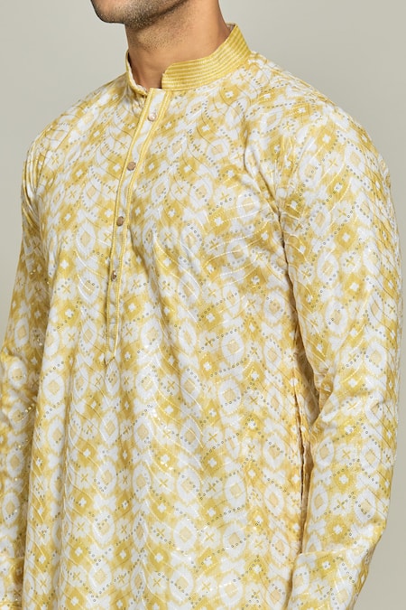 Shop Arihant Rai Sinha Yellow Cotton, Silk Sequins, Embroidery Blossom Print Embellished Kurta Set Online at Aza Fashions Shop_Arihant Rai Sinha_Yellow Cotton, Silk Sequins, Embroidery Blossom Print Embellished Kurta Set _Online_at_Aza_Fashions