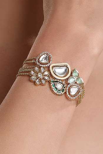 HRISHA_Gold Plated Zari, Crystals Floral Kundan Work Bracelet _Online_at_Aza_Fashions