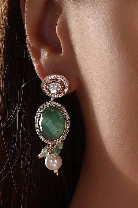 Hrisha Jewels Gold Plated Moissanite Kundan Geometric Embellished Earrings