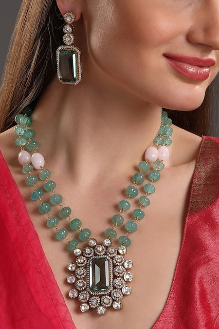 HRISHA_Green Diamonds, Crystals Carved Geometric Pendant Necklace Set _Online_at_Aza_Fashions