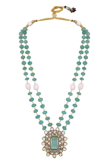 Buy_HRISHA_Green Diamonds, Crystals Carved Geometric Pendant Necklace Set _Online_at_Aza_Fashions