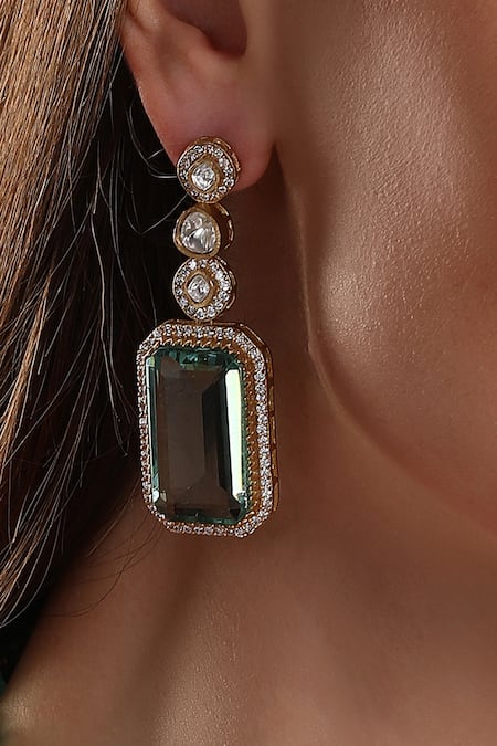 Shop_HRISHA_Green Diamonds, Crystals Carved Geometric Pendant Necklace Set _Online_at_Aza_Fashions