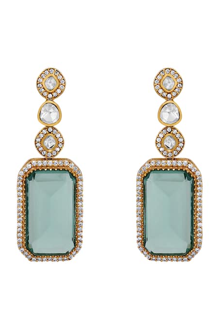 HRISHA_Green Diamonds, Crystals Carved Geometric Pendant Necklace Set _at_Aza_Fashions