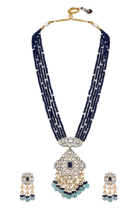 Shop HRISHA Blue Pearls, Applique, Stones Polki And Agate Embellished Jewellery Set at Aza Fashions Shop_HRISHA_Blue Pearls, Applique, Stones Polki And Agate Embellished Jewellery Set _at_Aza_Fashions