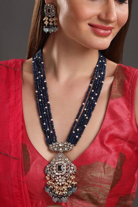 HRISHA Blue Pearls, Applique, Stones Polki And Agate Embellished Jewellery Set Online at Aza Fashions HRISHA_Blue Pearls, Applique, Stones Polki And Agate Embellished Jewellery Set _Online_at_Aza_Fashions