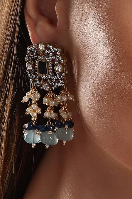 Shop HRISHA Blue Pearls, Applique, Stones Polki And Agate Embellished Jewellery Set Online at Aza Fashions Shop_HRISHA_Blue Pearls, Applique, Stones Polki And Agate Embellished Jewellery Set _Online_at_Aza_Fashions