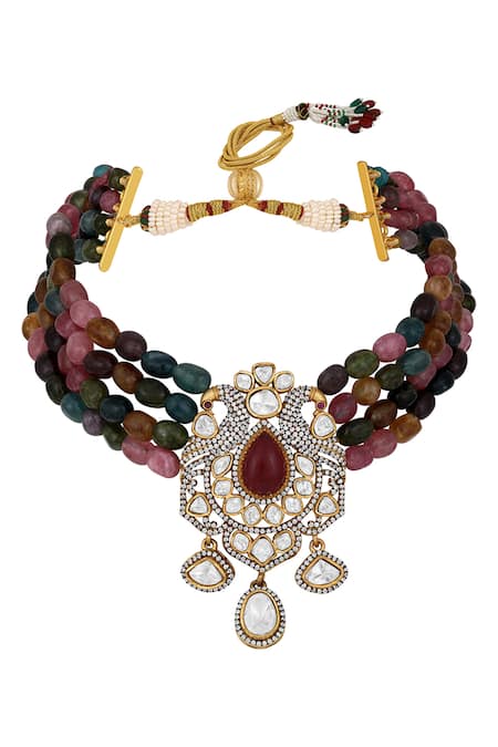 Buy_HRISHA_Multi Color Diamonds, Stones, Crystals Kundan And Polki Embellished Necklace Set _Online_at_Aza_Fashions