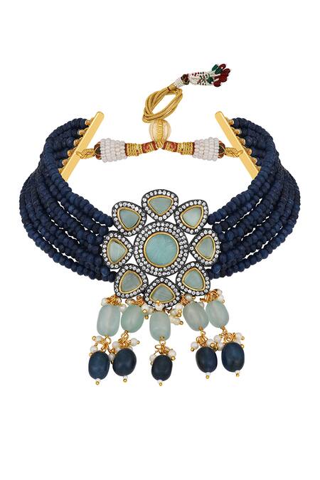 Buy_HRISHA_Green Pearls, Metallic Thread Floral Kundan And Polki Embellished Necklace Set _Online_at_Aza_Fashions