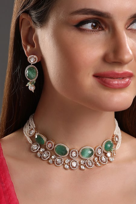 Hrisha Jewels Green Moissanite Kundan Geometric Embellished Necklace Set 